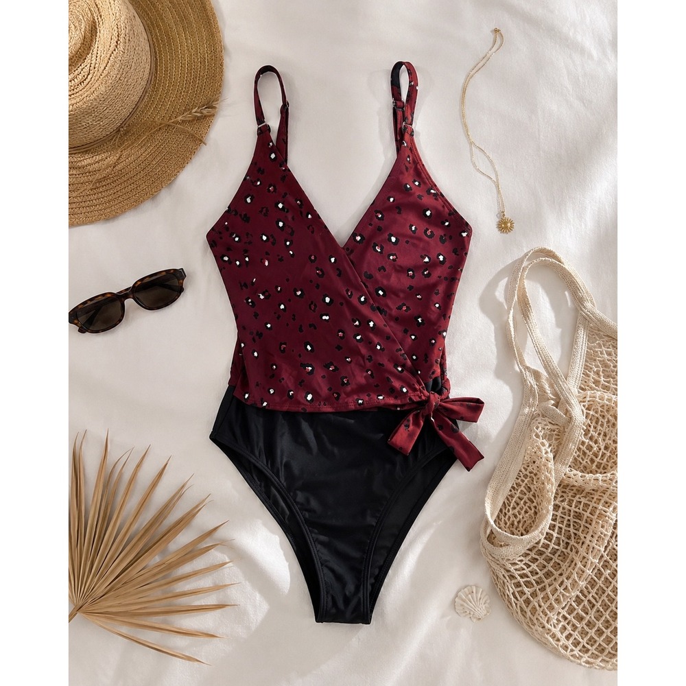 Birdsong Burgundy Leopard Wrap Front One Piece Swimsuit Underwire 38G/H  bra